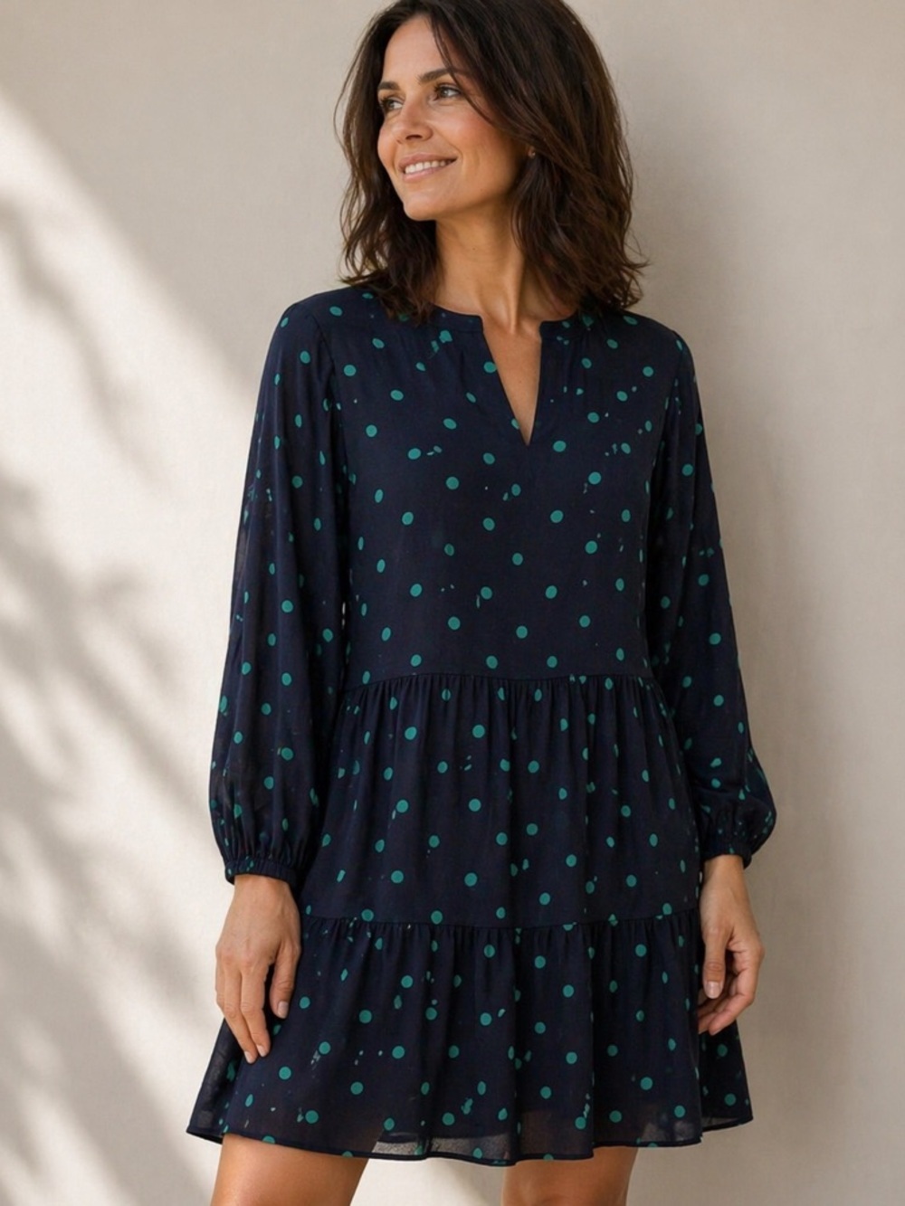 𝅺GAP polka dots long sleeves dress navy blue turquoise tunique lightweight XS